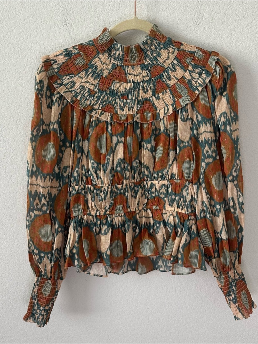 Ulla Johnson Noor Printed Blouse Bishop Sleeve Mock Neck Nimbus SZ US 2 - Picture 2 of 7